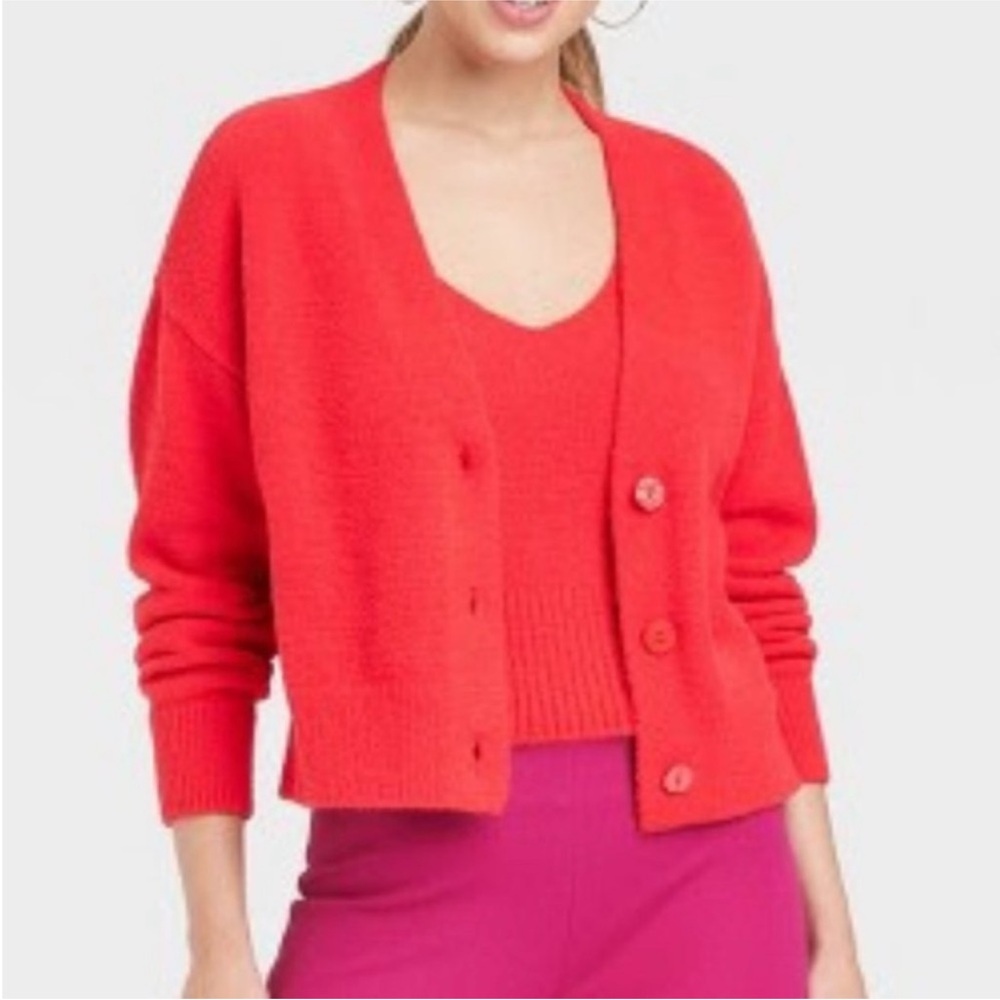 A NEW DAY Women's Red Cardigan Sweater Fuzzy Soft Y2K Academia Preppy Medium NEW